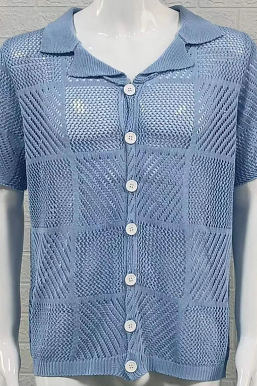 Light blue checkered eyelet knit shirt with button placket and short sleeves