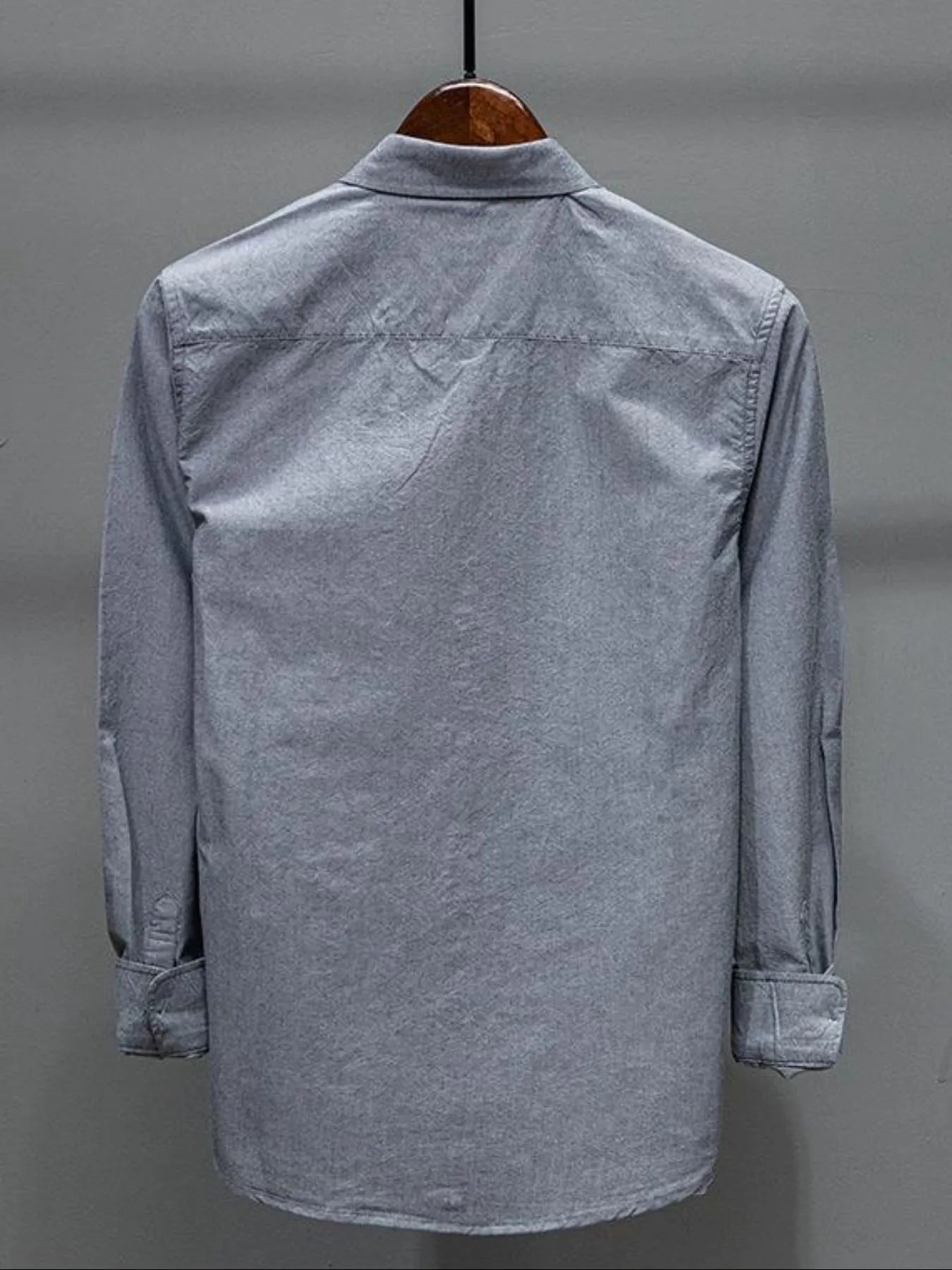 Grey long-sleeve button-up shirt, back view