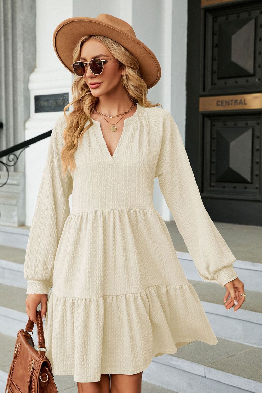 Cream notched-neck long-sleeve mini dress with tiered skirt and V-neck