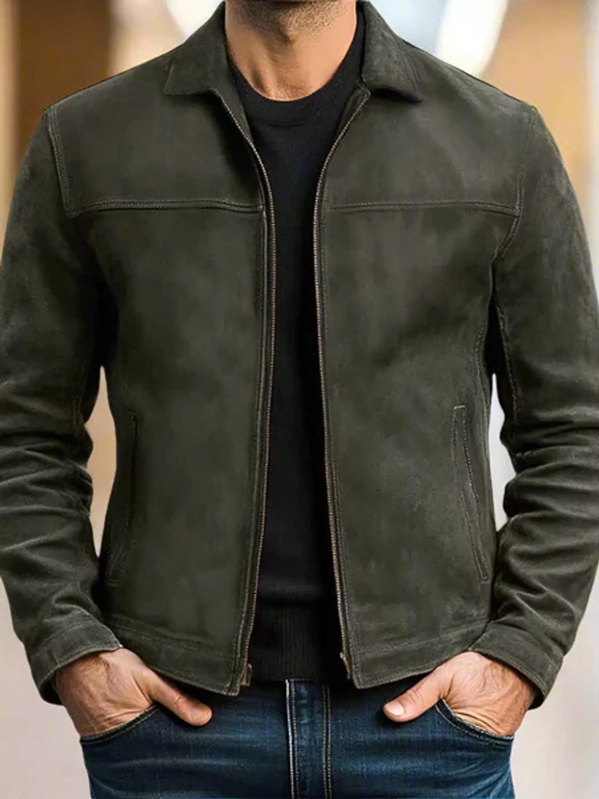 Men's army green zip-front jacket with stand collar and chest pockets