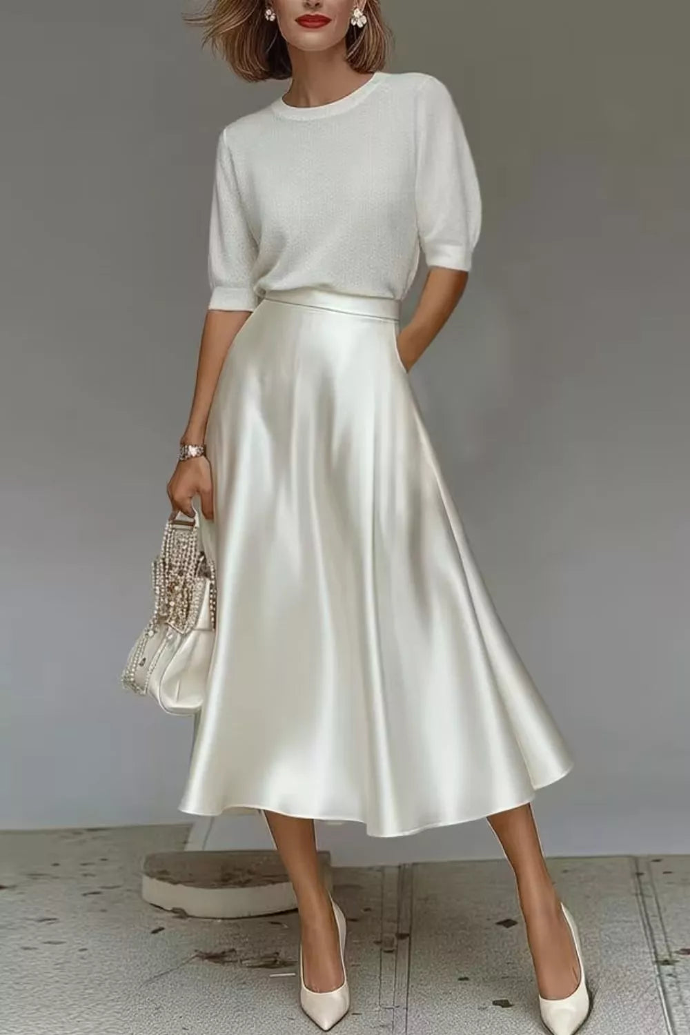 White satin A-line midi skirt with side pockets, smooth drape and mid-calf length