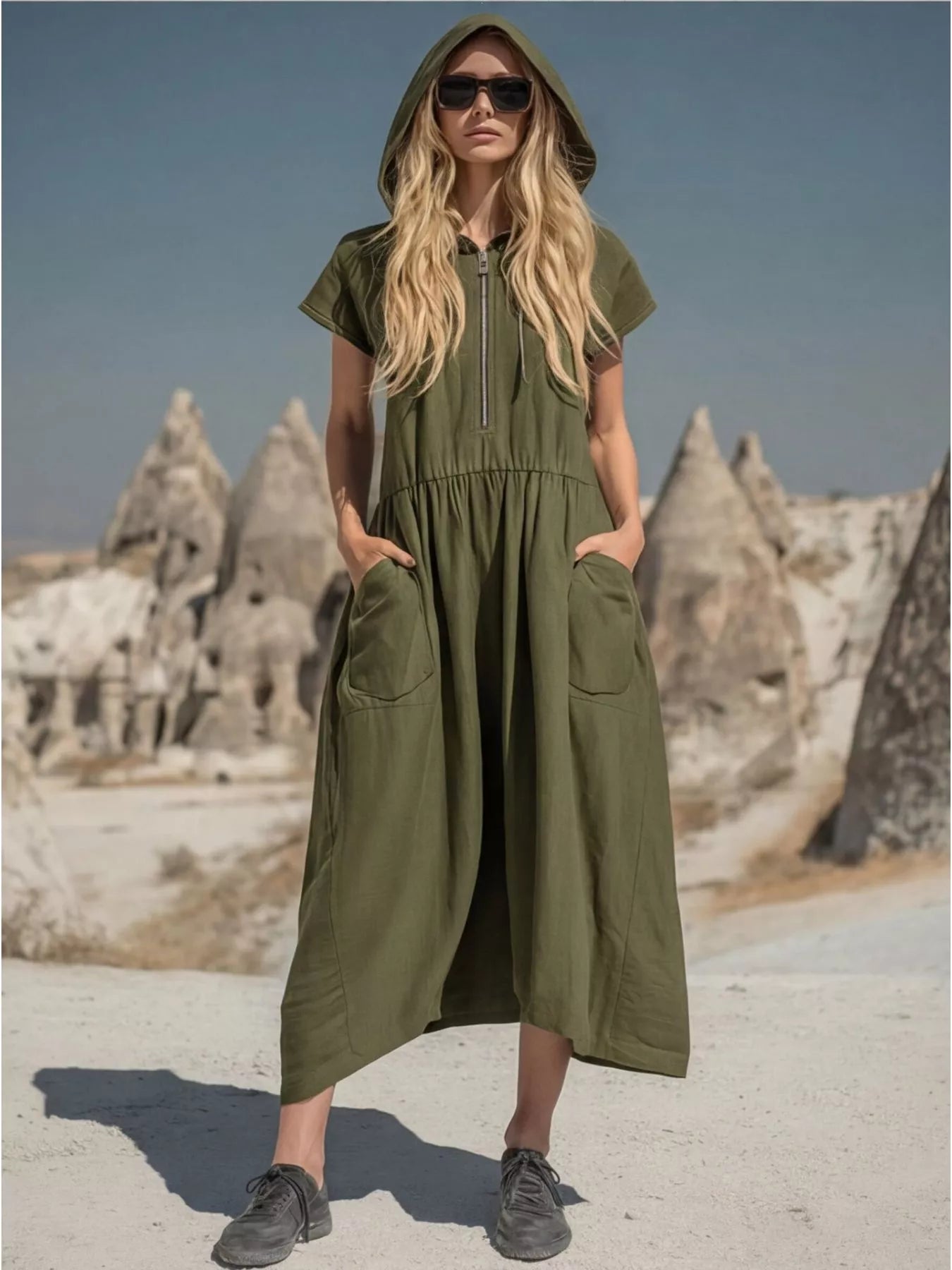 Army green hooded midi dress with front zipper, gathered skirt, and side pockets