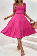 Hot pink square-neck puff sleeve tiered midi dress, smocked waist