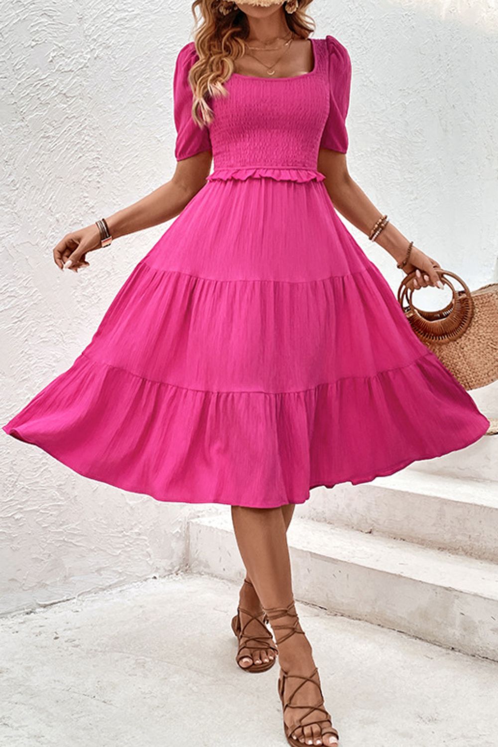 Hot pink square-neck puff sleeve tiered midi dress, smocked waist