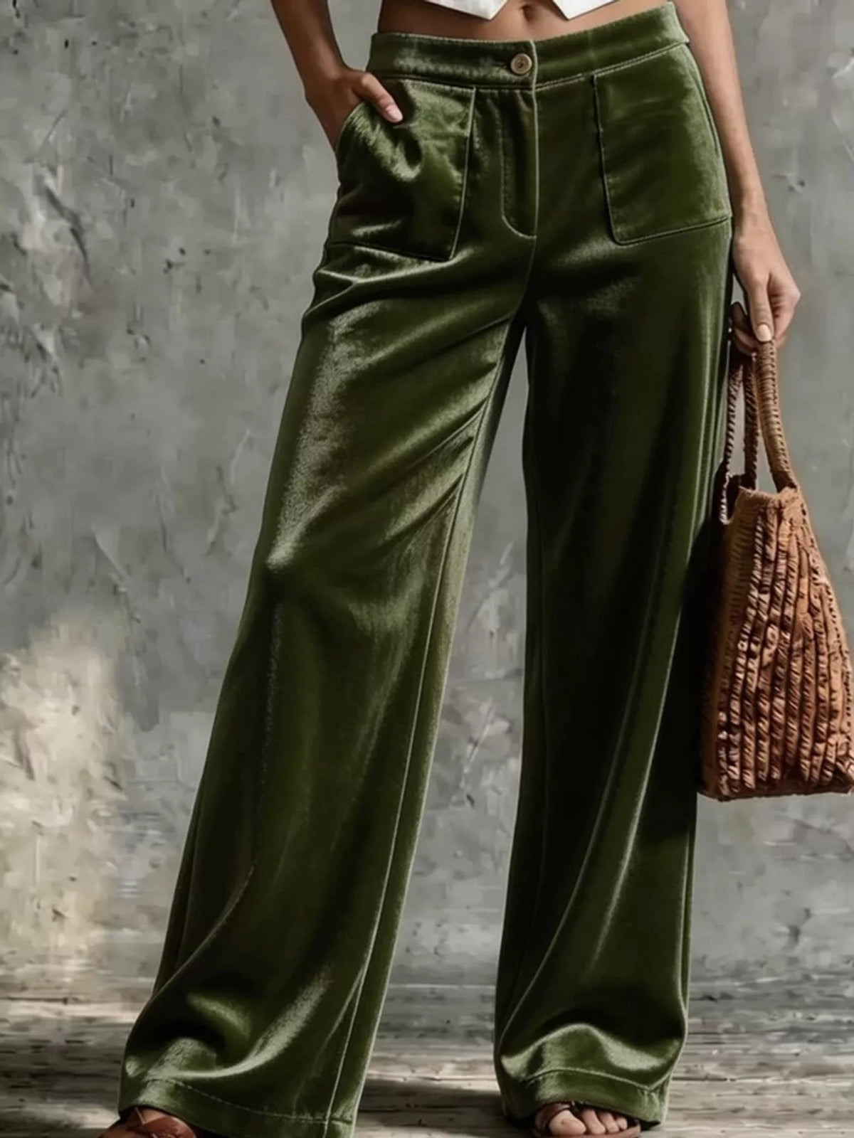 Army green high-waisted wide-leg velvet pants with front pockets and center seam