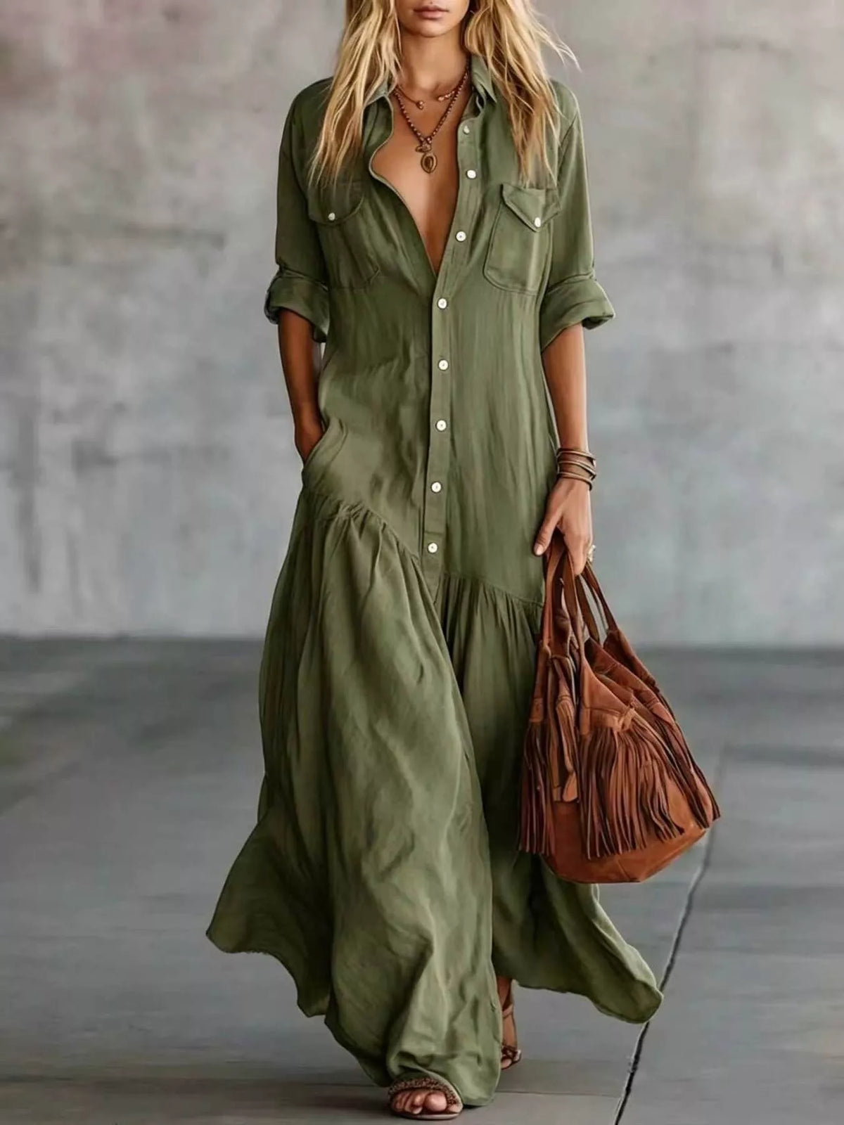 Olive green button-front maxi dress with roll-up sleeves and patch pockets