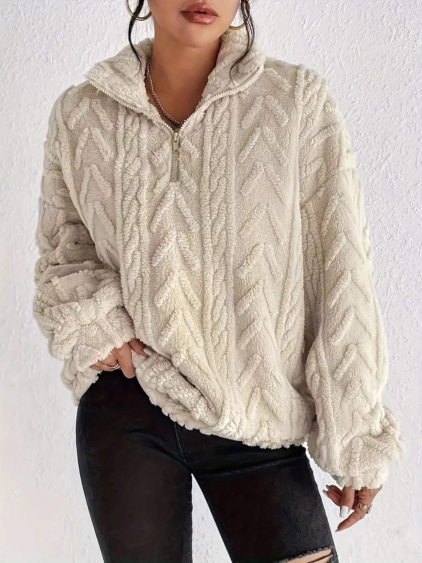 Sherpa quarter-zip sweatshirt, off-white cable knit texture, dropped shoulders