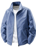 Men's zip-up long-sleeve jacket in light blue with stand collar and front zipper