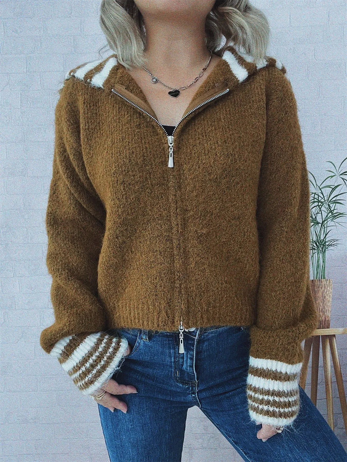 Brown zip-up cardigan with striped hood and sleeve cuffs, front zipper