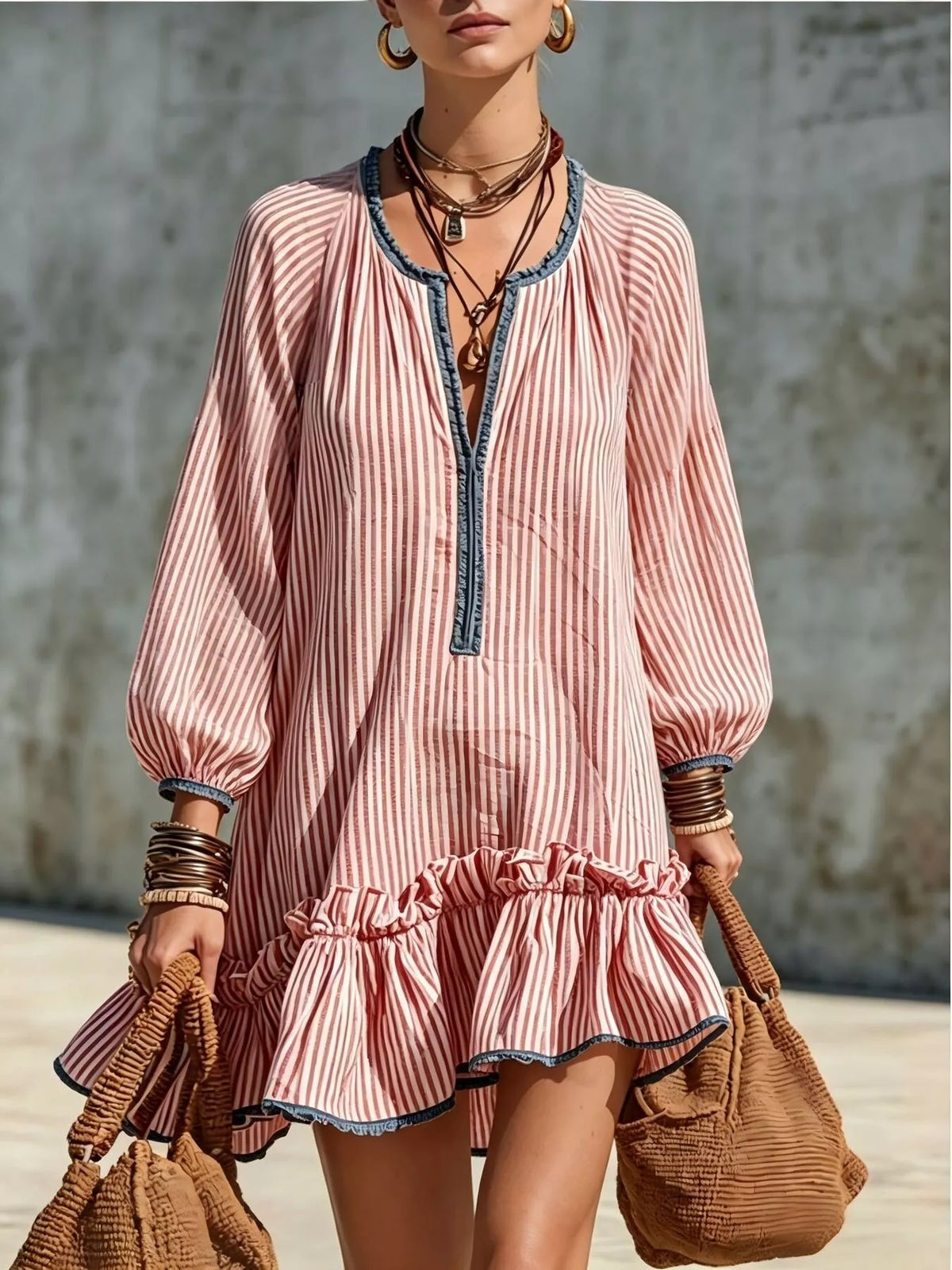 Pink striped mini dress with ruffled hem, navy-trim button front, and long puff sleeves