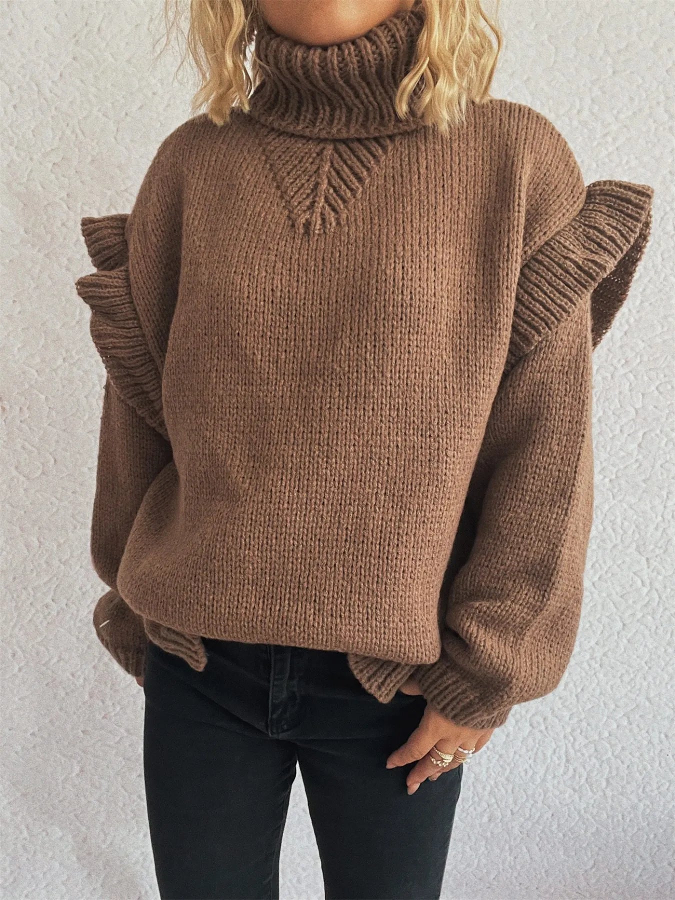 Brown ruffled turtleneck long-sleeve knit sweater with cable knit yoke