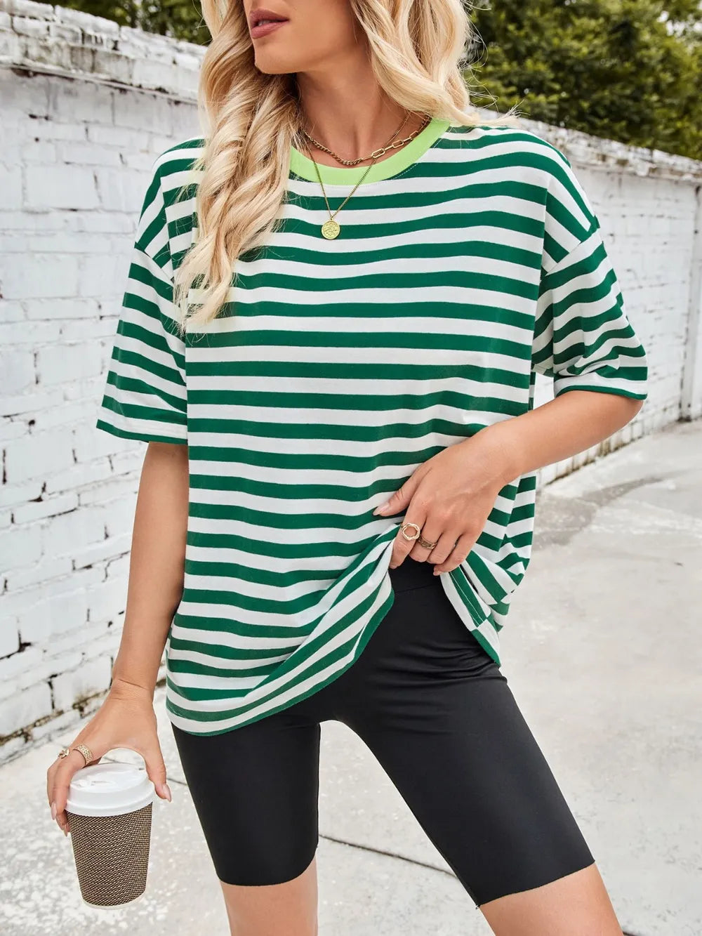Dark green and white striped round-neck short-sleeve T-shirt