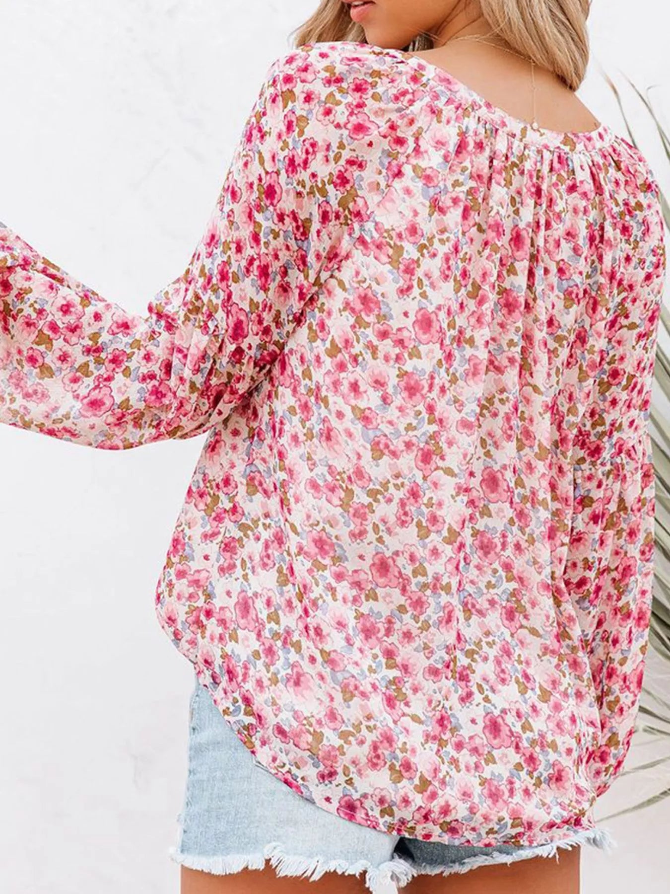 Cedar & Moore Floral print V-neck long sleeve blouse, plus size, pink floral pattern
