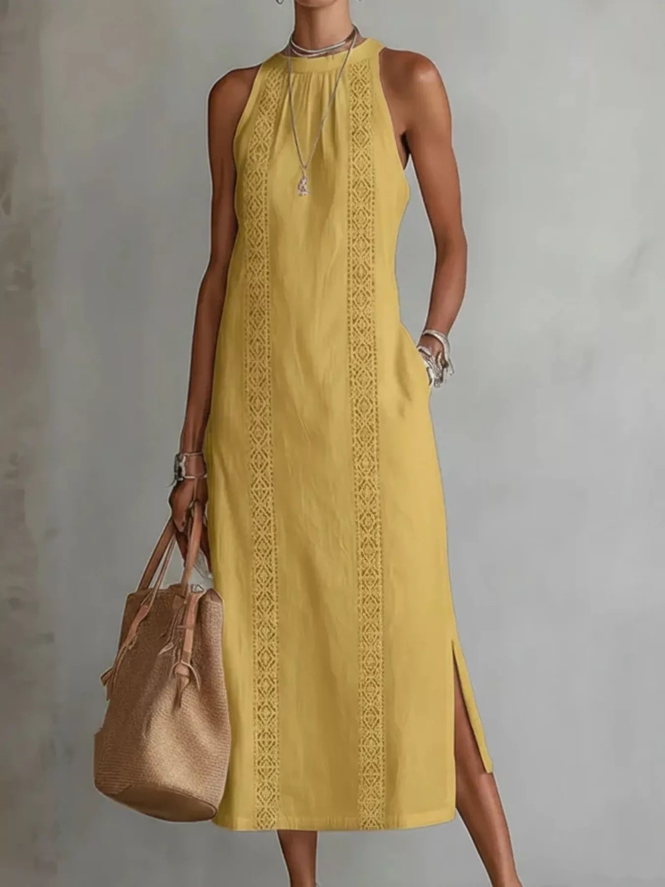 Yellow sleeveless midi dress with lace trim panels and side slit