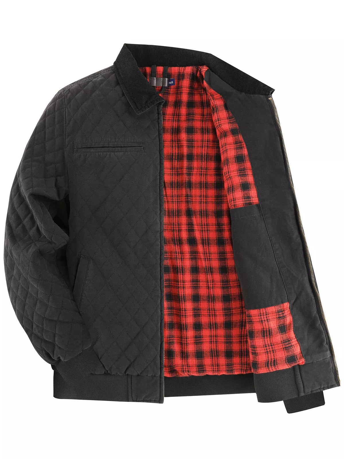 Black quilted zip jacket with red plaid lining and side snap pocket panels