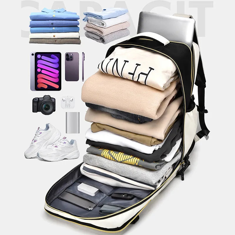 Multi-pocket backpack bag showing layered storage compartments and stacked items inside