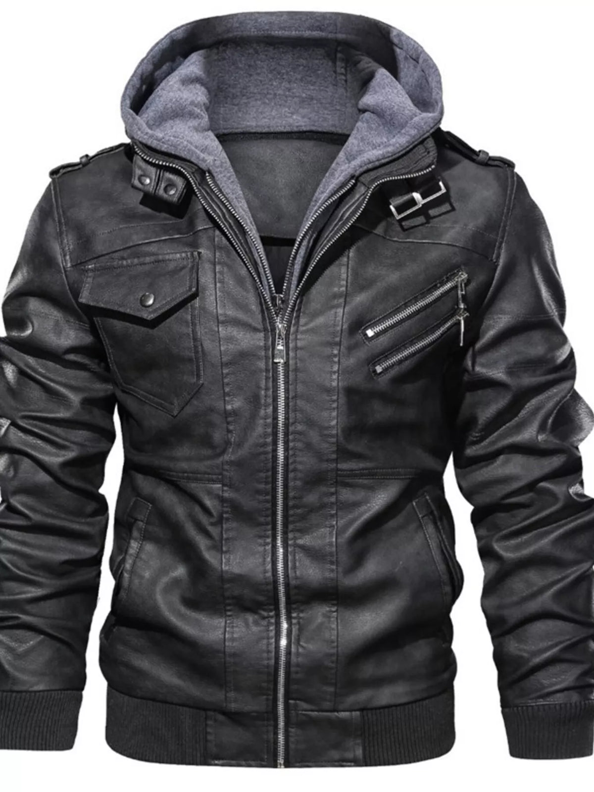 Men's hooded moto jacket in dark vegan leather, zip front with side pockets and ribbed cuffs