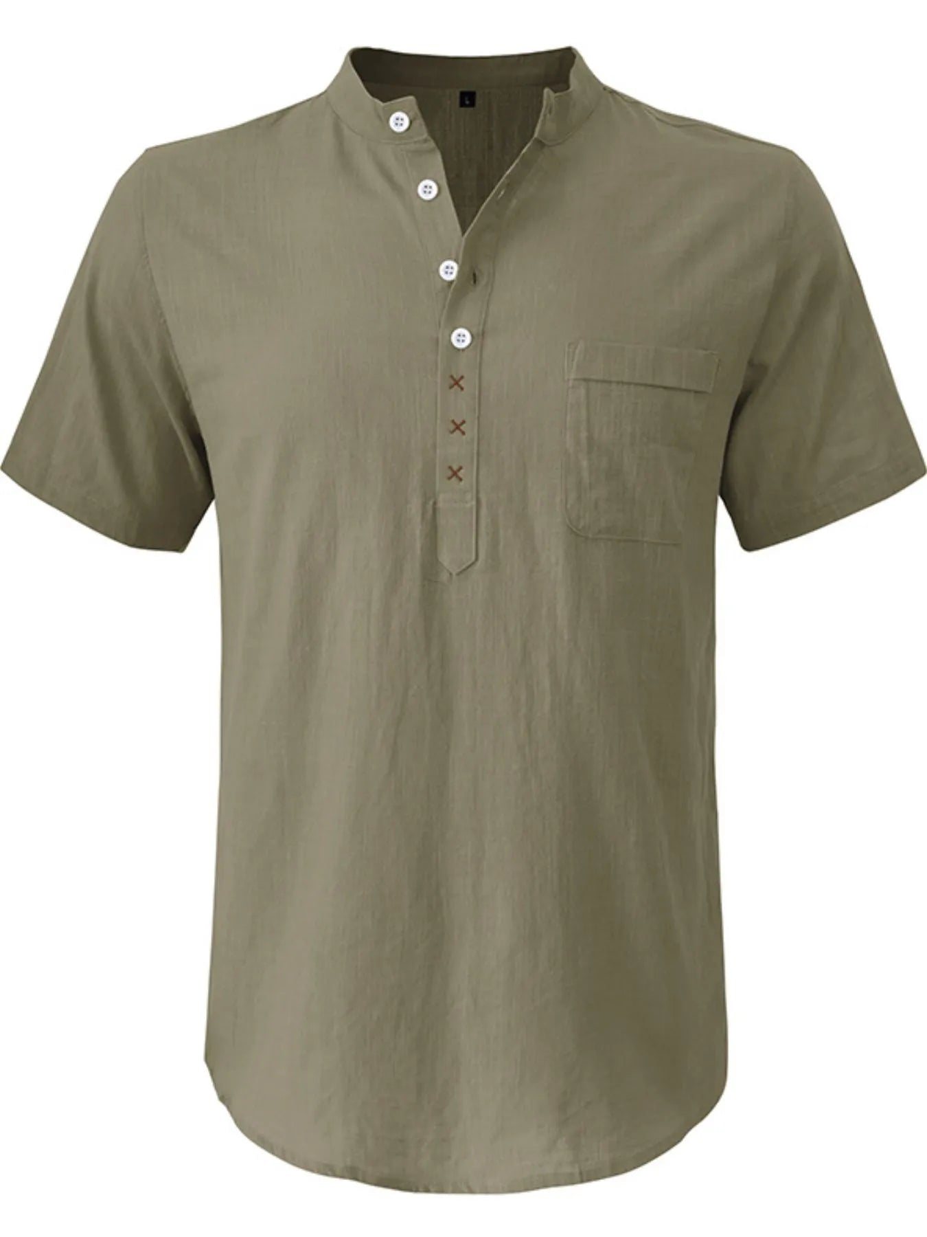 Men's linen polo shirt, sage green; short sleeves, button placket and chest pocket.