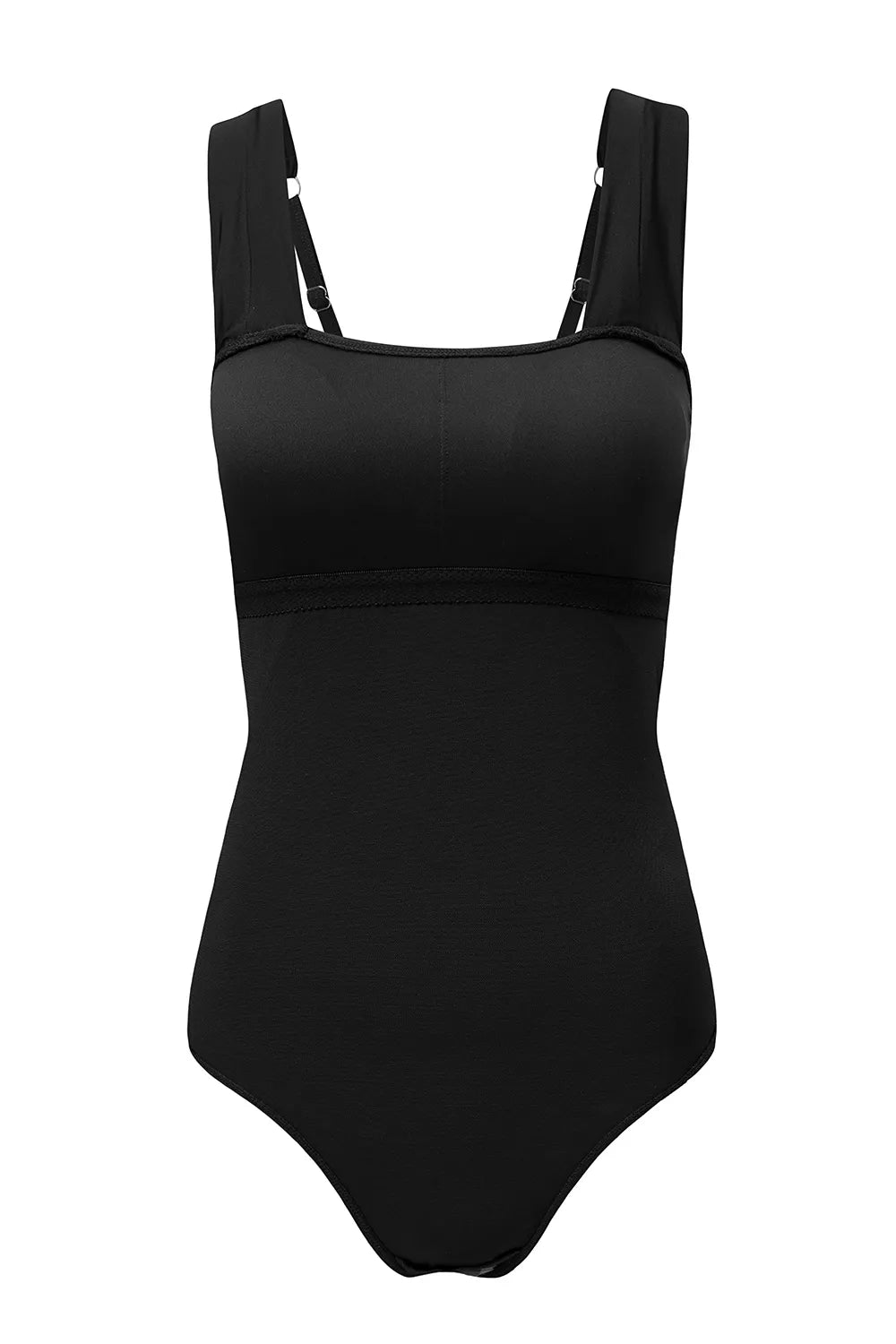 Black square-neck one-piece swimsuit with adjustable straps and fitted bodice