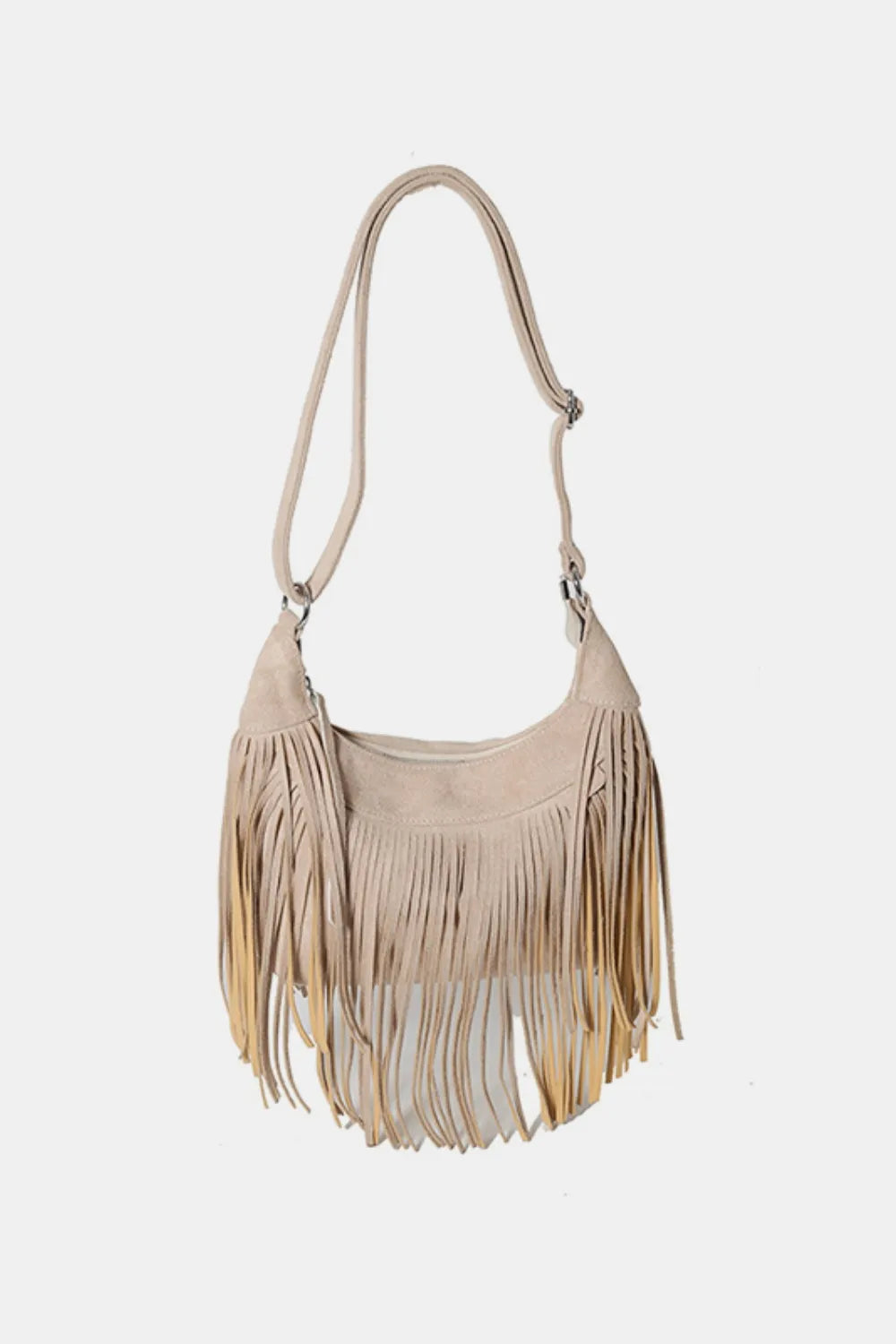 Light beige suede fringe shoulder bag with adjustable strap and metal hardware