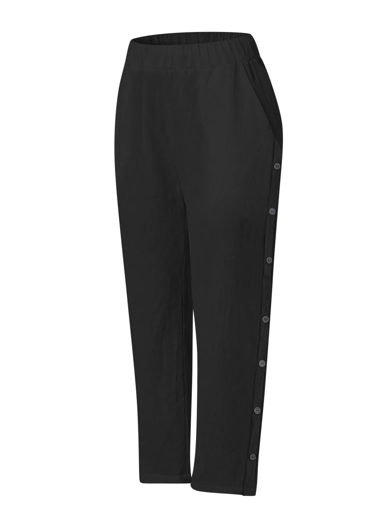Black casual wide-leg pants with side button details and relaxed fit