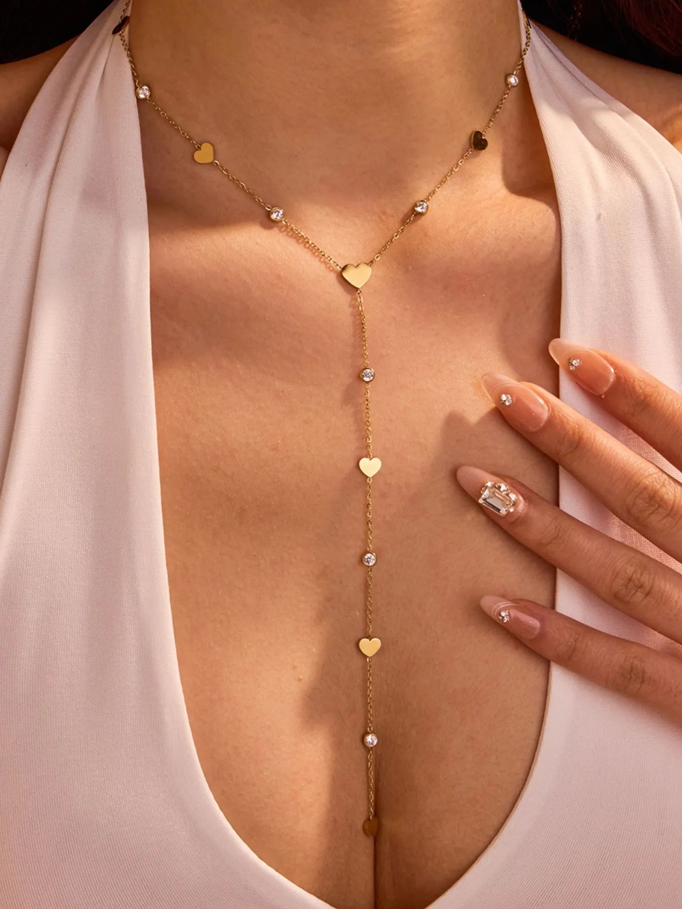 Gold heart zircon Y-necklace with heart charms and round zircon stones