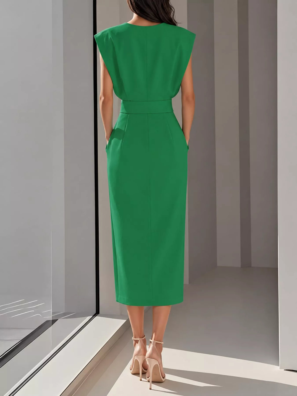 Green sleeveless midi dress with open back and fitted waist