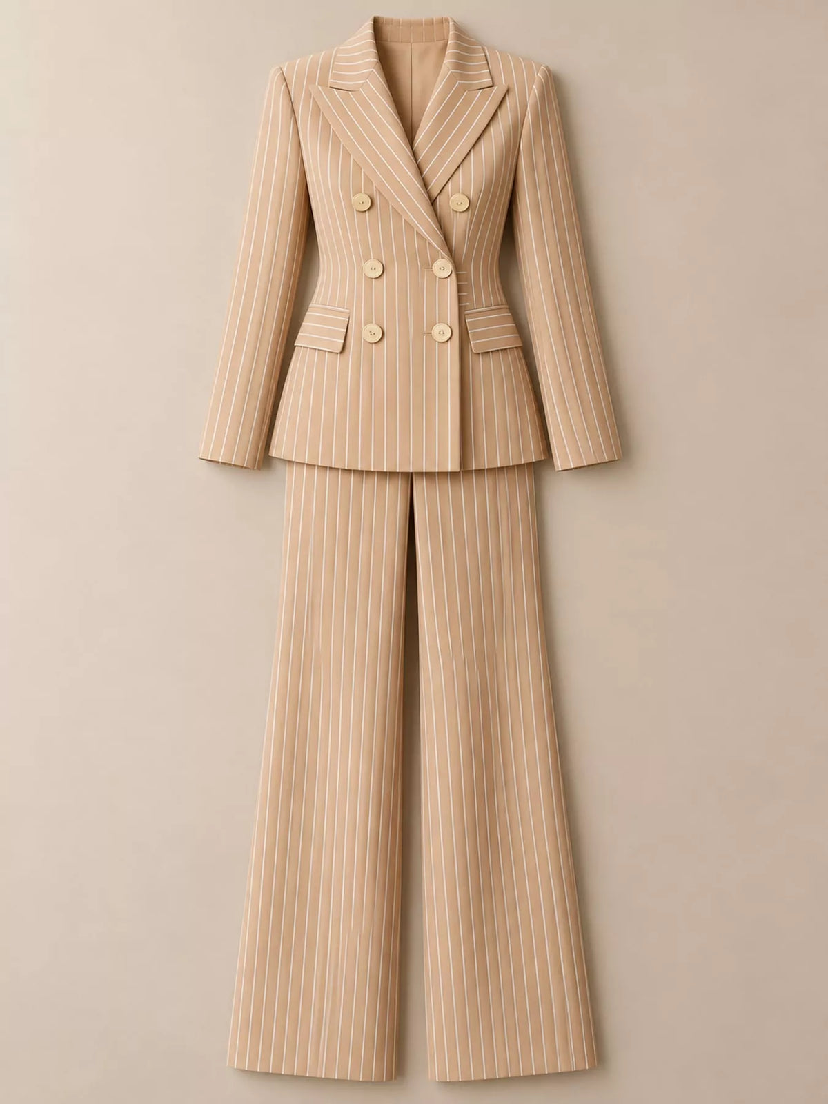Apricot pinstripe double-breasted blazer and wide-leg pants set with gold buttons.