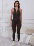 Coffee brown half-zip active jumpsuit with wide straps, sleeveless front view