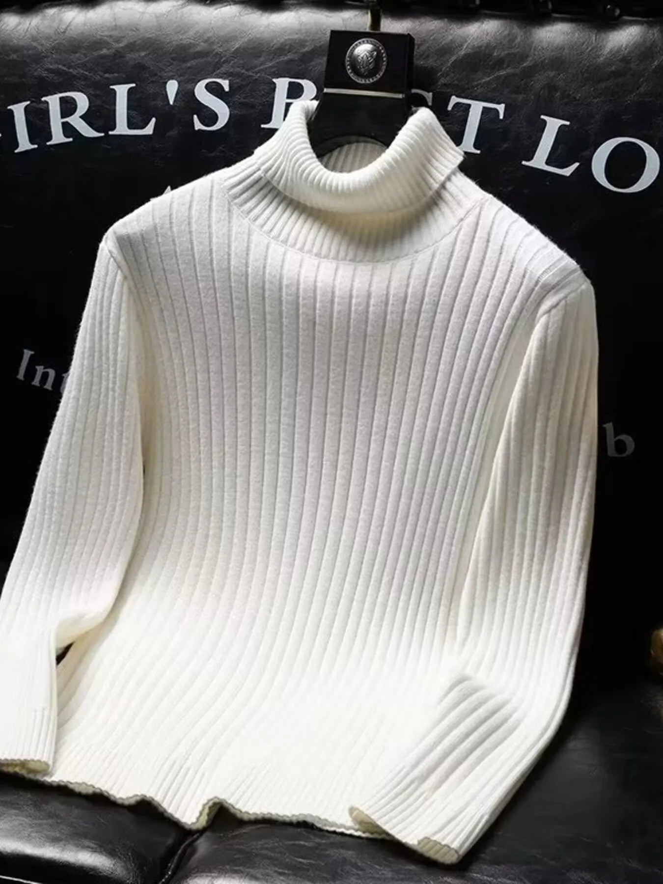 Ribbed turtleneck long sleeve sweater, white