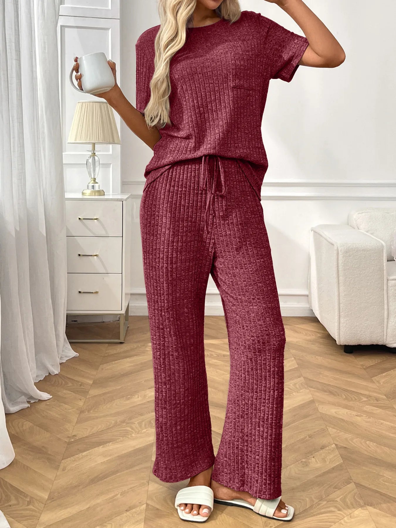 Ribbed knit lounge set with short-sleeve top and drawstring wide-leg pants, wine red, side view