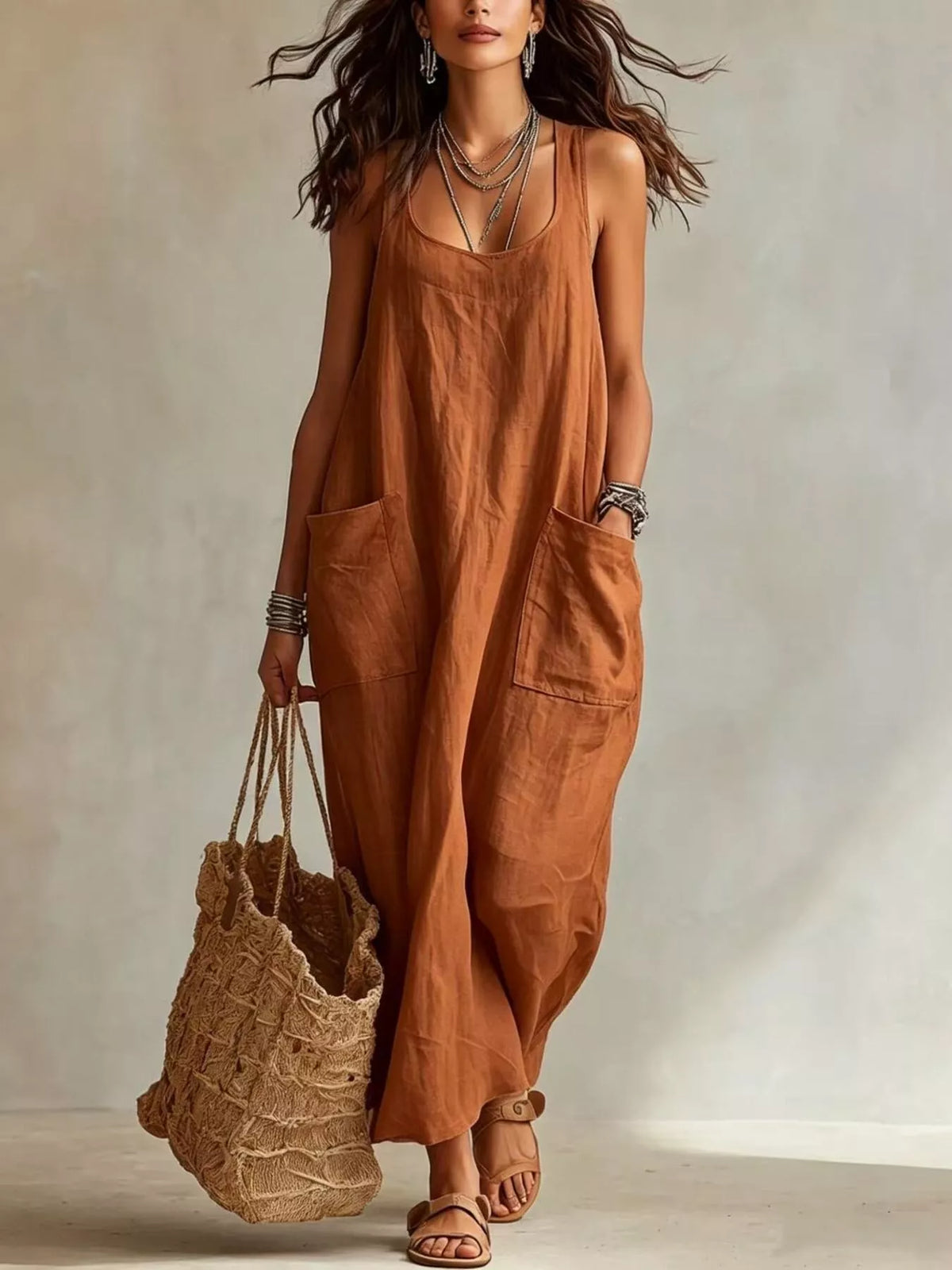 Brown sleeveless scoop-neck maxi dress with side pockets and relaxed fit