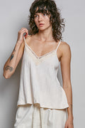 Almond lace-trim V-neck textured knit cami with thin spaghetti straps