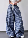 Drawstring plaid wide-leg pants, blue with white check pattern and elastic waist