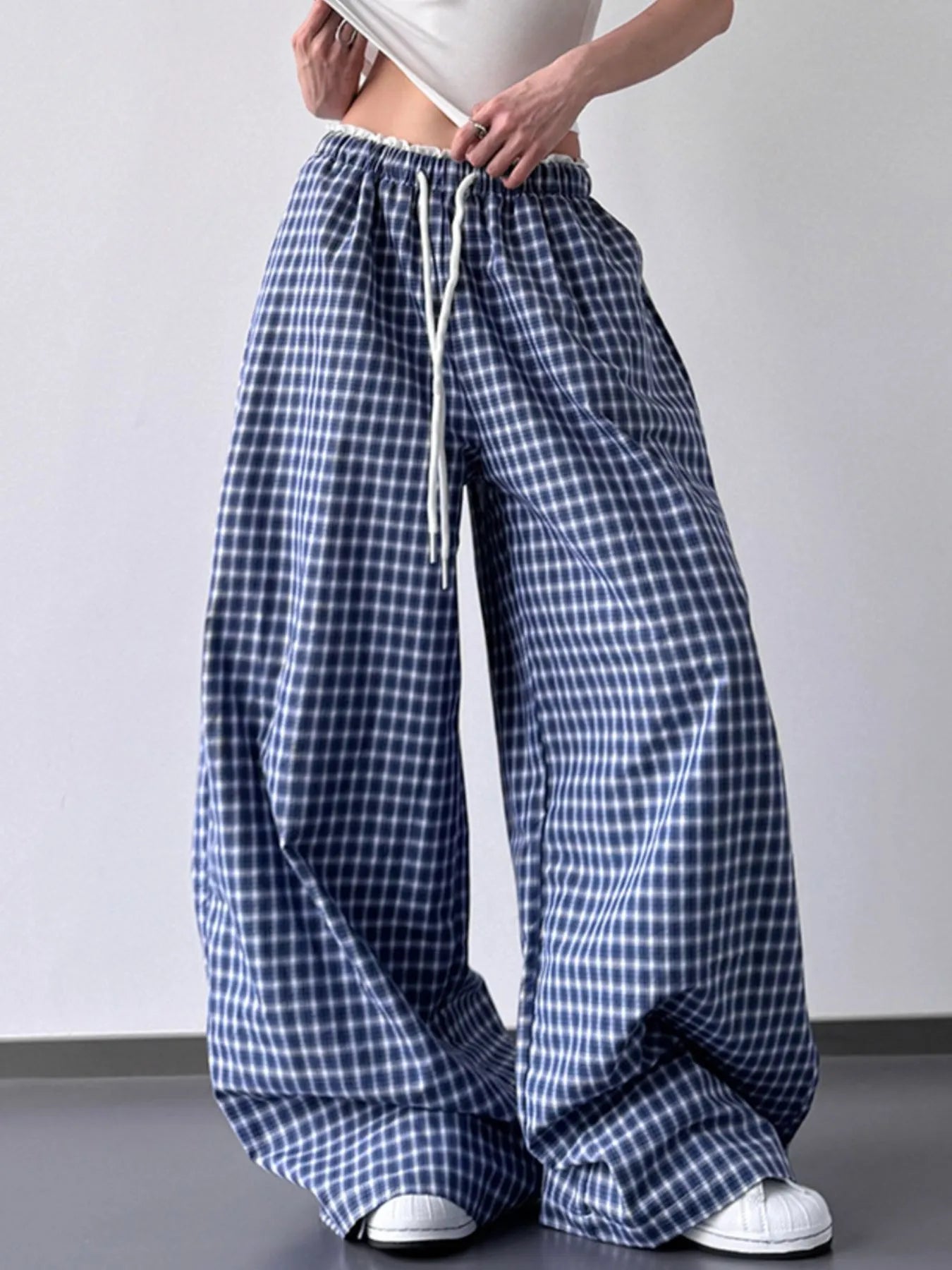 Drawstring plaid wide-leg pants, blue with white check pattern and elastic waist