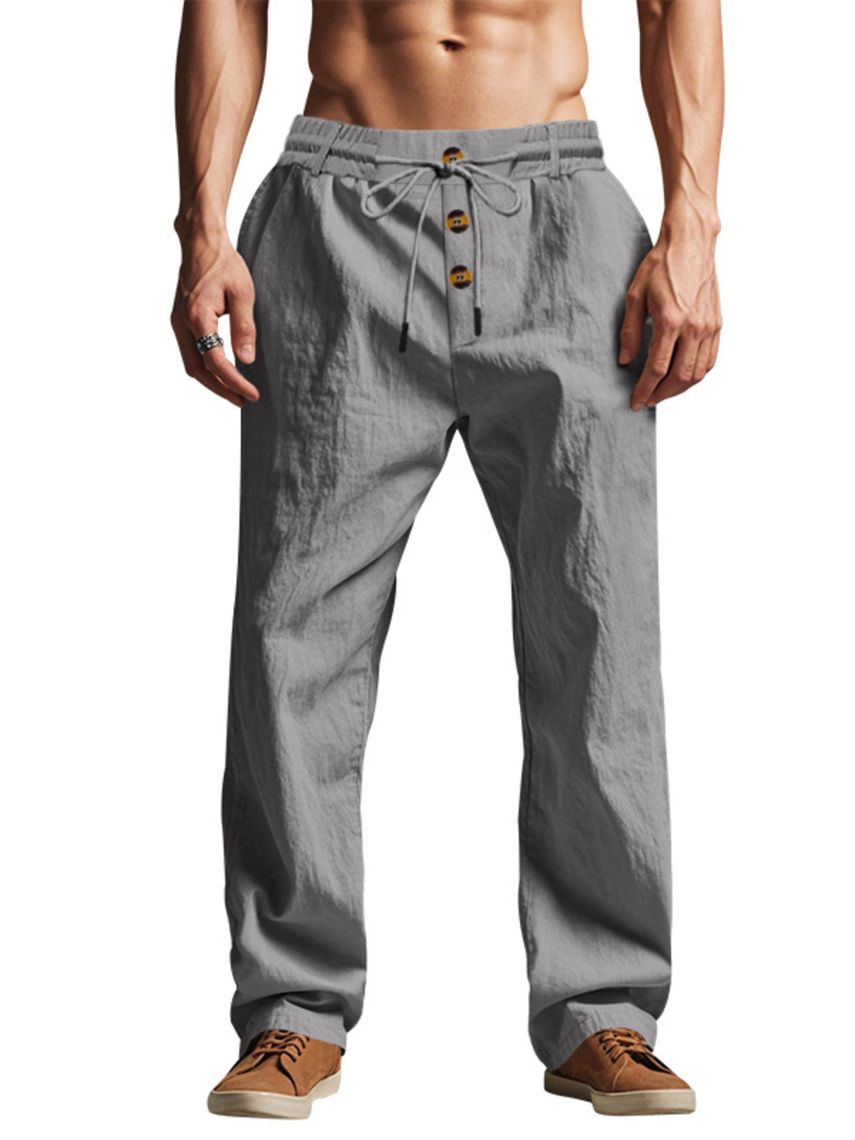 Men’s lightweight drawstring pants, dark gray, elastic waist and button front placket