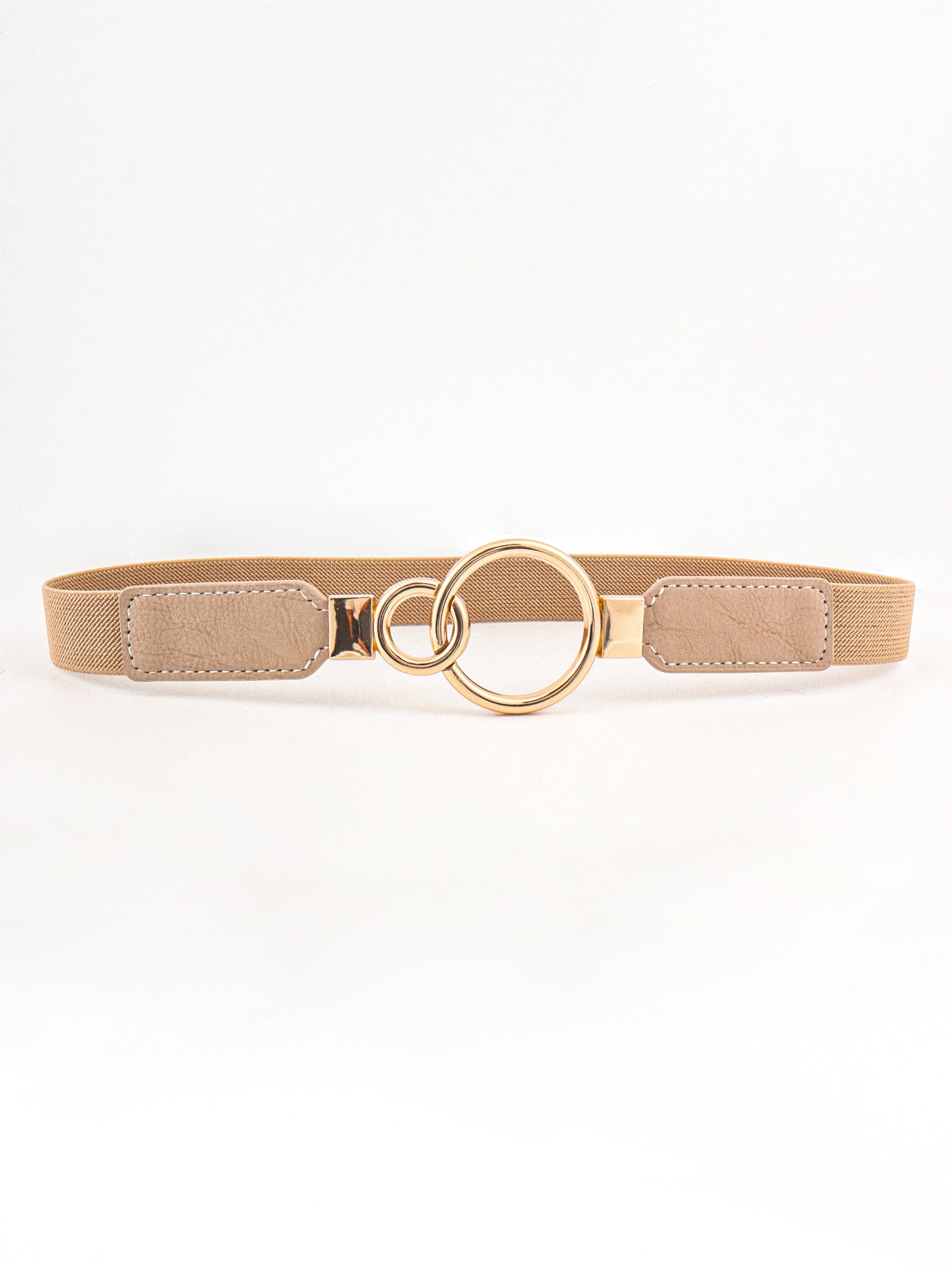 Tan elastic vegan leather belt with double-ring buckle and rectangular keeper tabs
