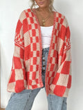 Plaid open-front long sleeve cardigan in red and cream knit