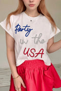 White round-neck short-sleeve T-shirt with 'Party in the USA' graphic