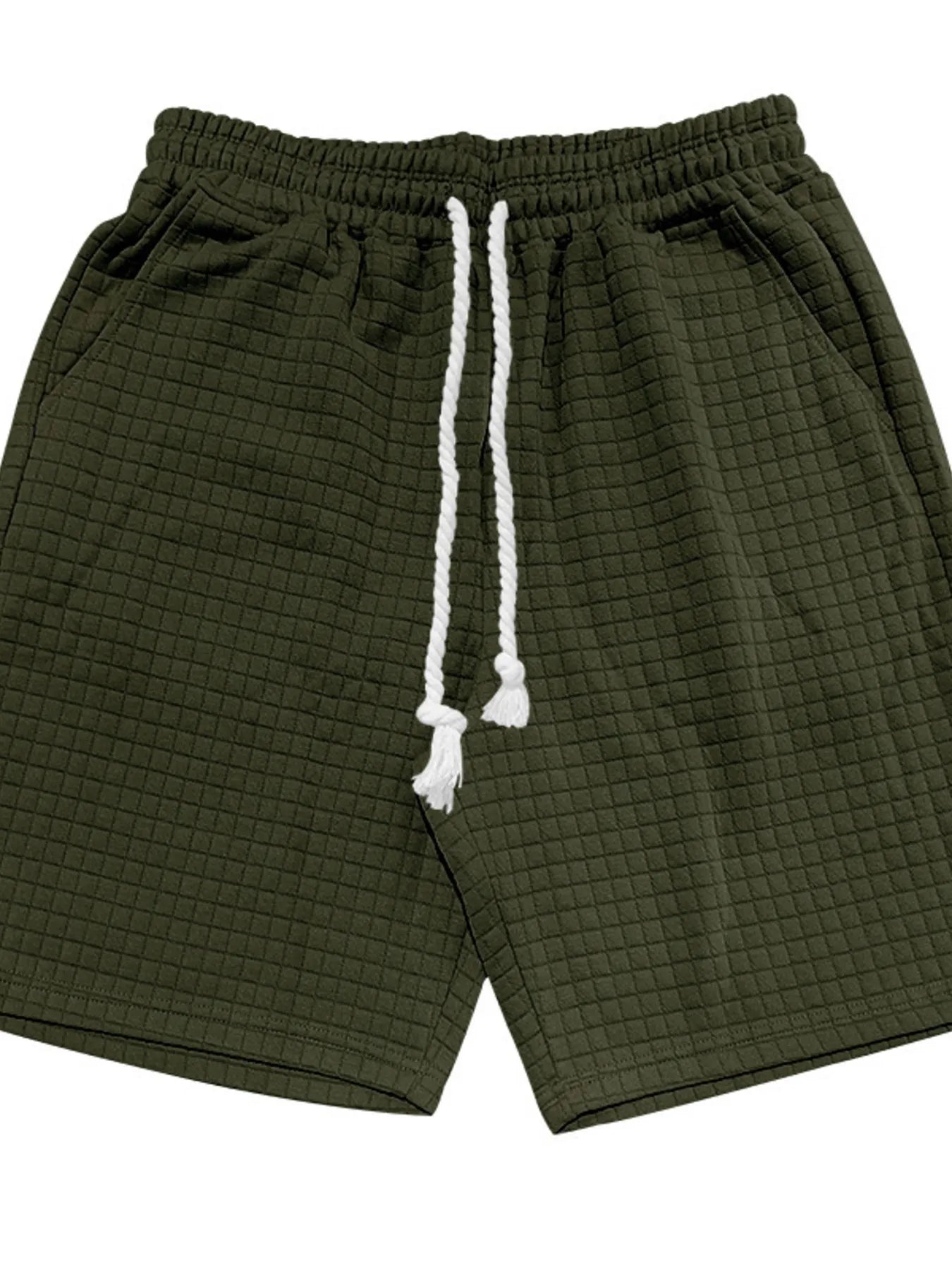 Army green drawstring shorts with elastic waistband and textured fabric