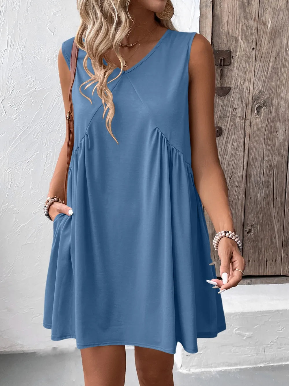 Ivy Lane Ruched V-Neck Sleeveless Blue Mini Dress by Trendsi with pockets