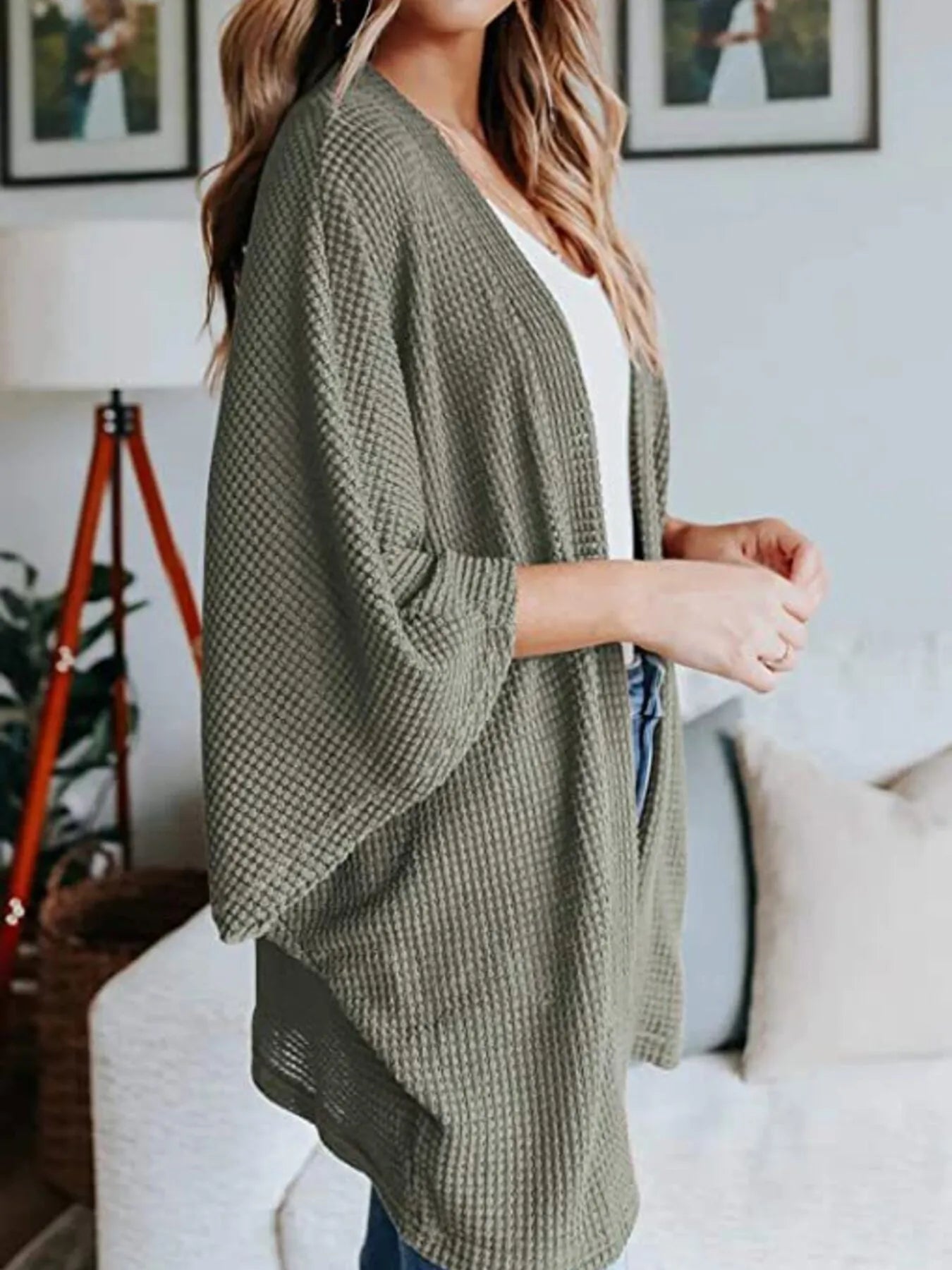 Open front waffle knit cardigan, olive green, short dolman sleeves, plus size