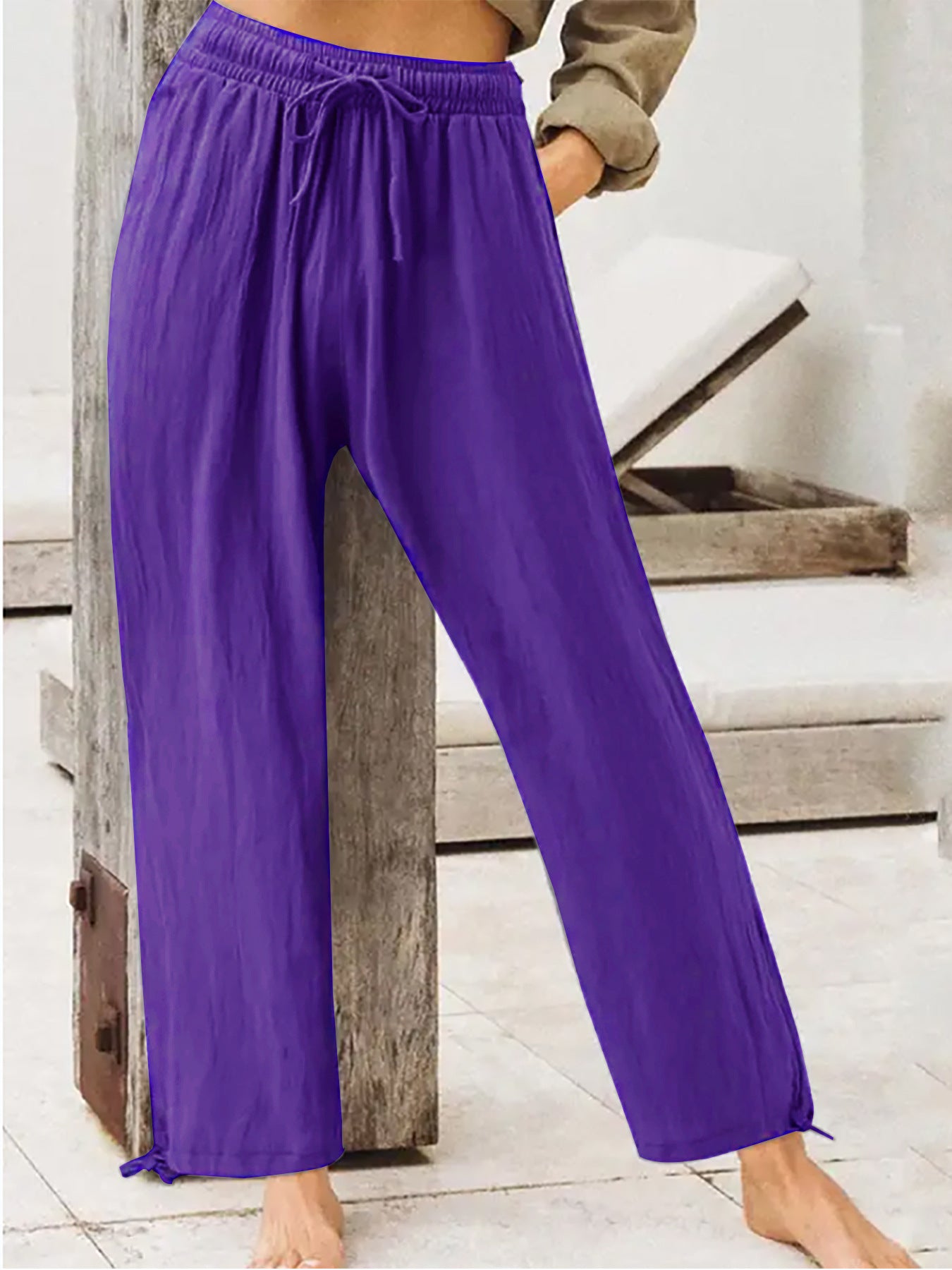 Wide-leg drawstring cotton-spandex pants with elastic waist, royal purple