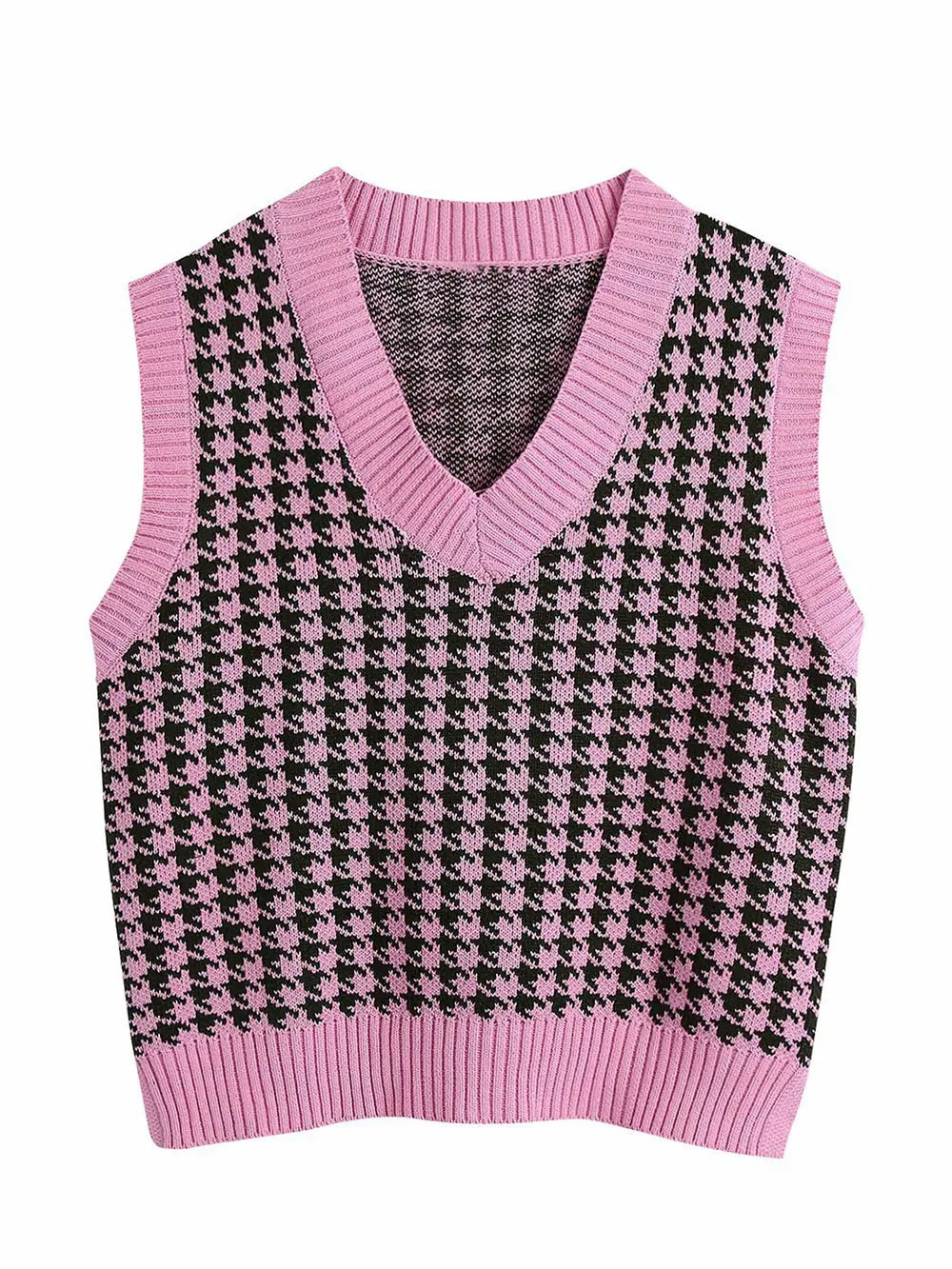 Pink-and-black houndstooth V-neck sweater vest with ribbed hem and armholes