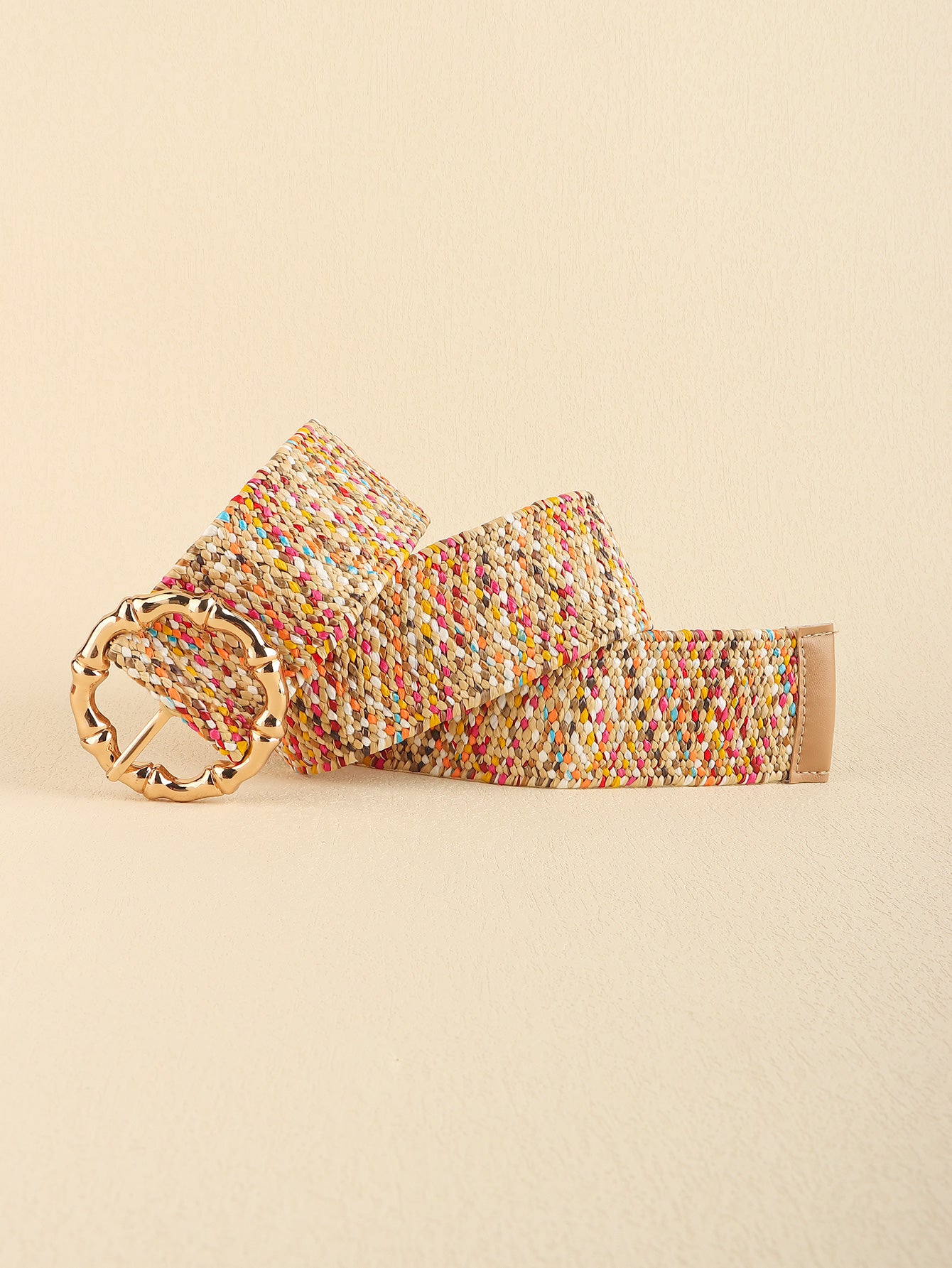 Multicolored wide belt, extended side view with gold buckle and tan strap end