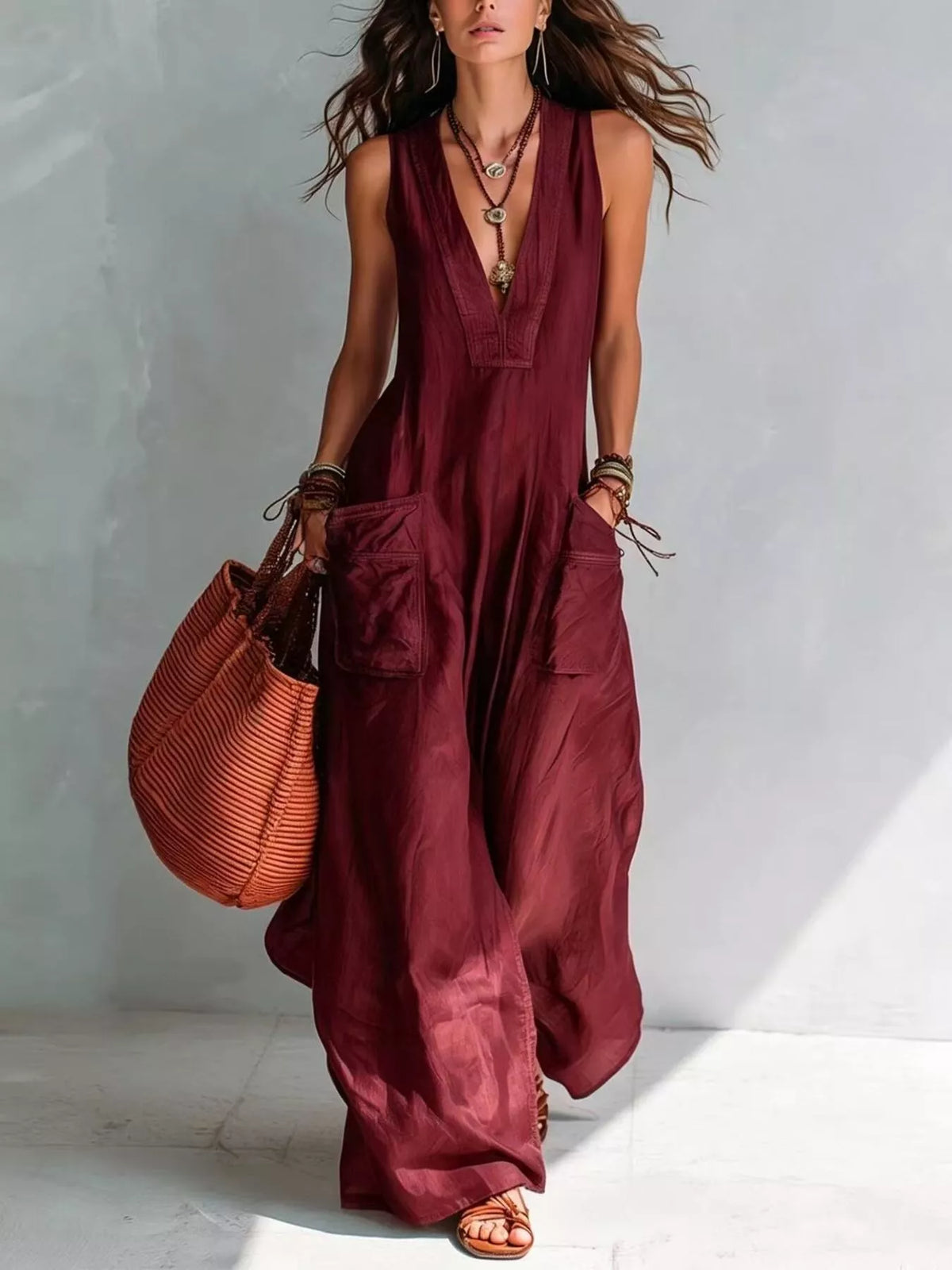Burgundy v-neck sleeveless wide-leg jumpsuit with patch pockets and draped legs