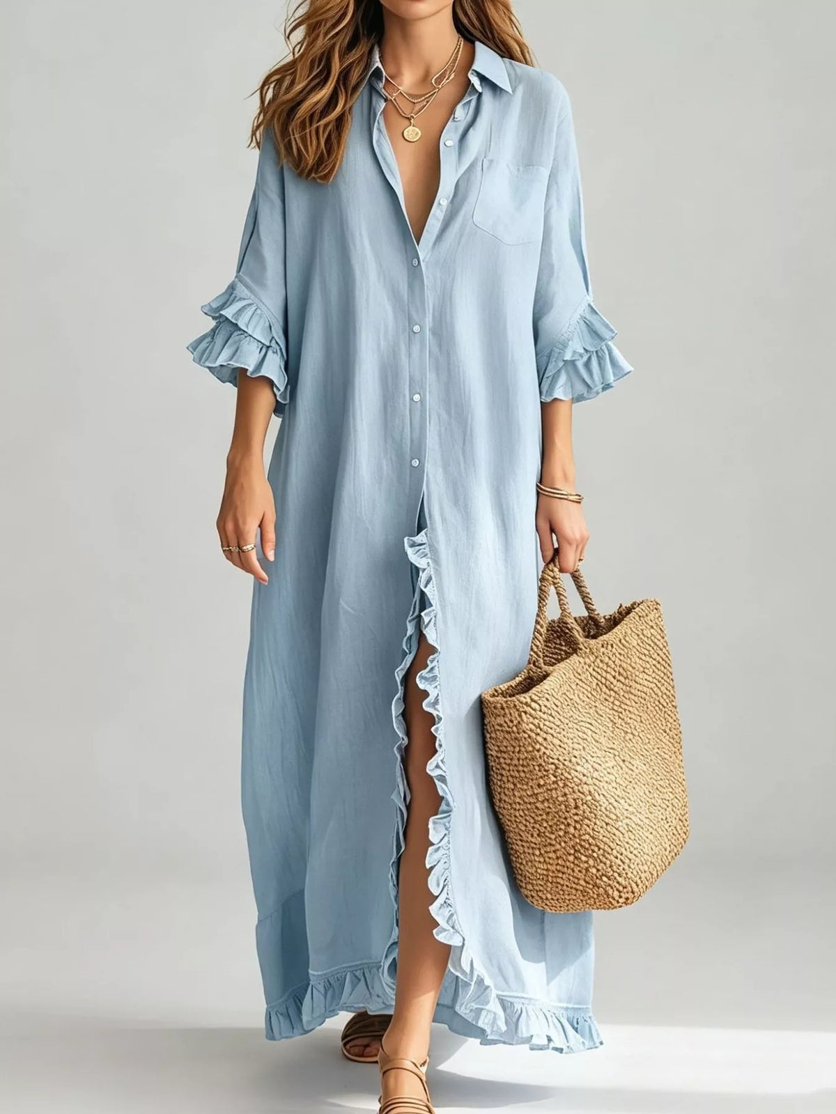 Light blue ruffle-trim button front maxi shirt dress with flutter sleeves