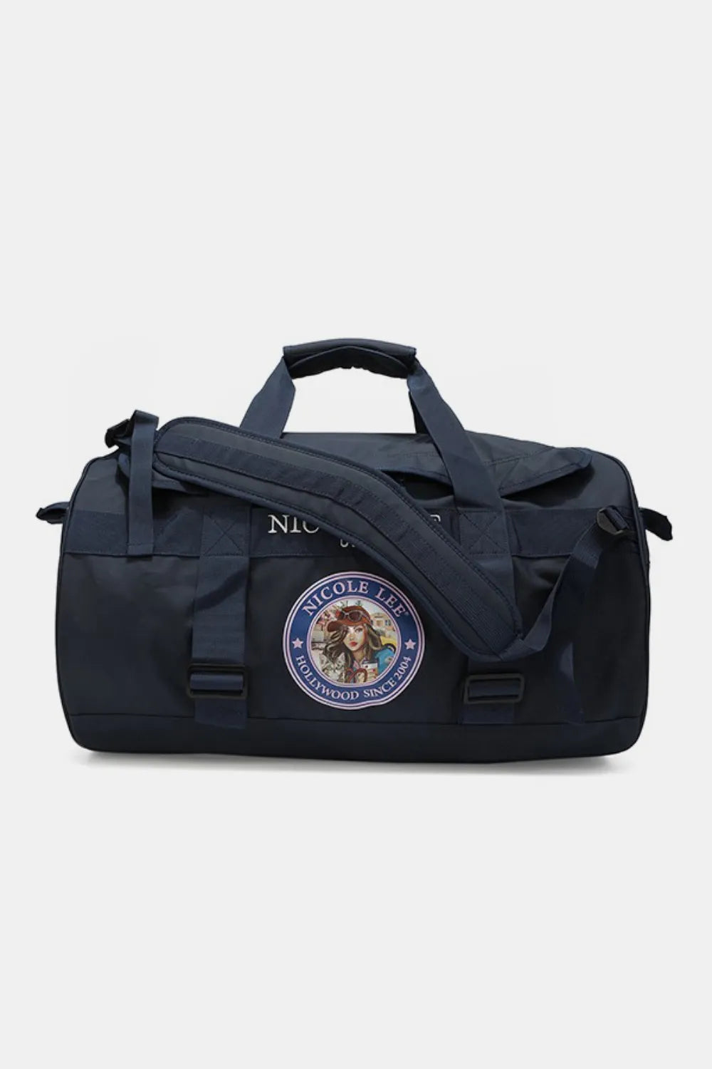 Navy large duffel bag with black straps and front circular logo patch
