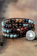 Triple-layer beaded agate bracelet with round multicolor beads and heart toggle charm