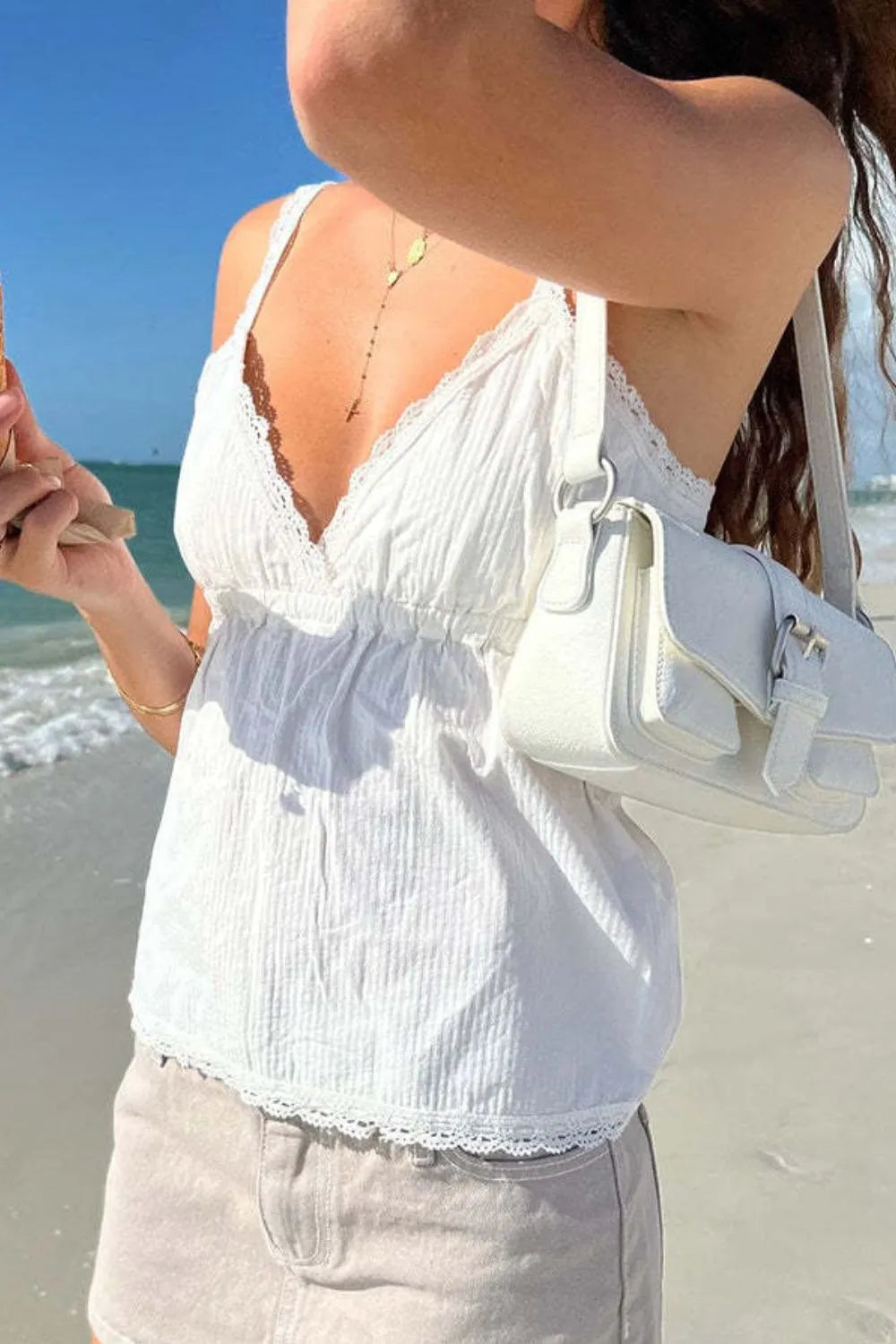 White lace-trim V-neck cami with thin straps, ruched bust and hem lace